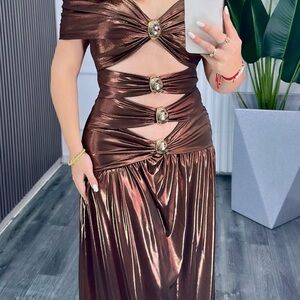Shimmery Brown Cutout Maxi Dress with Gold Accent Rings